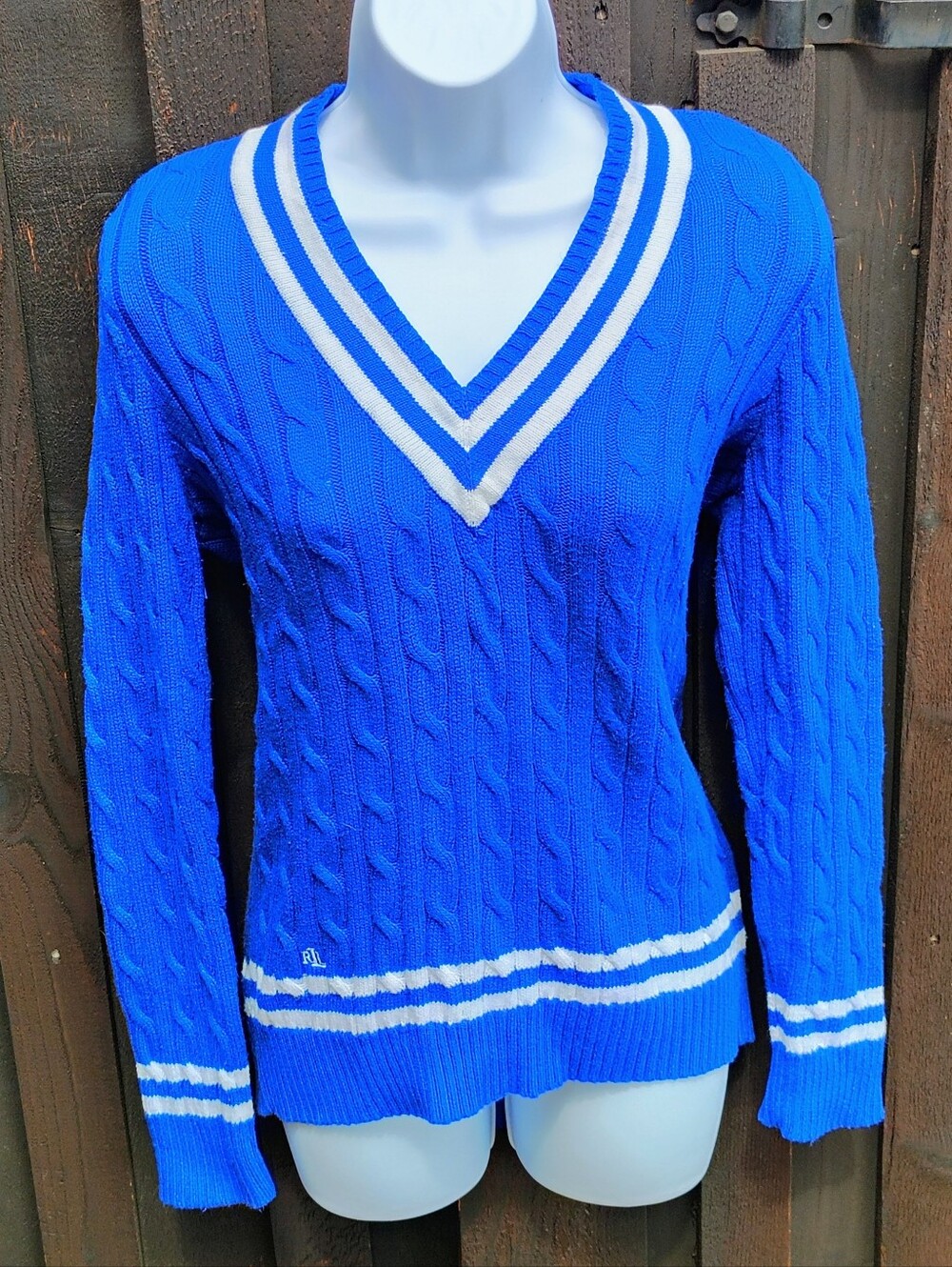 Ralph Lauren Royal Blue Cable Knit V-Neck Sweater with White Stripes